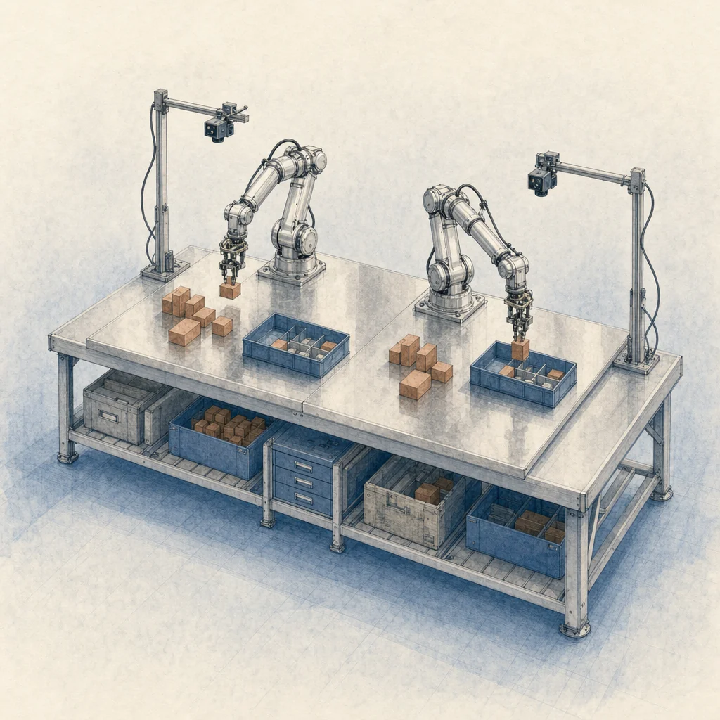 Two robot arms performing matched block-sorting trials at adjacent workstations